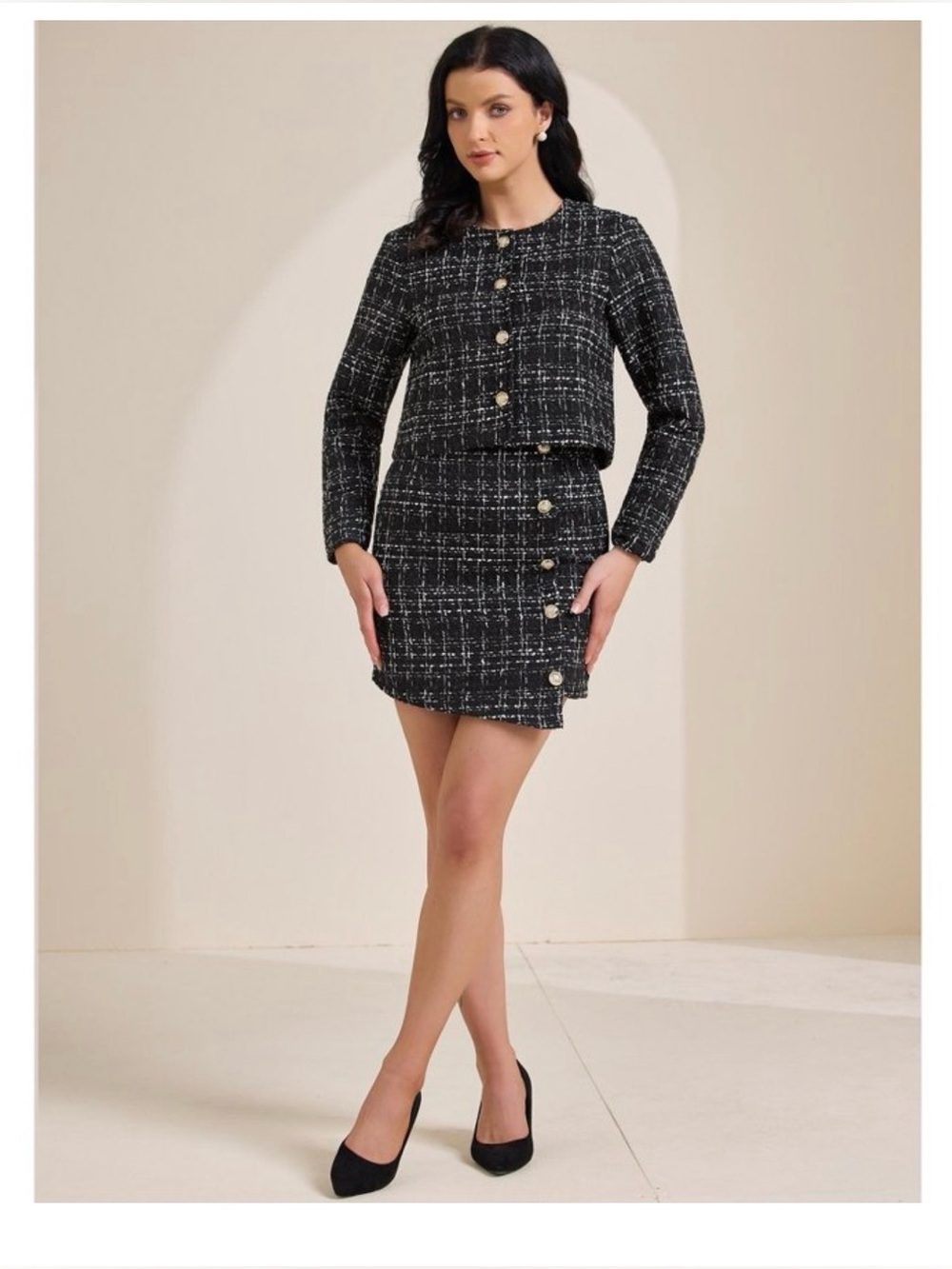 Inspire Black Tweed Absolutely Gorgeous Lady’s Mini Skirt Blazer 2 Piece Set!